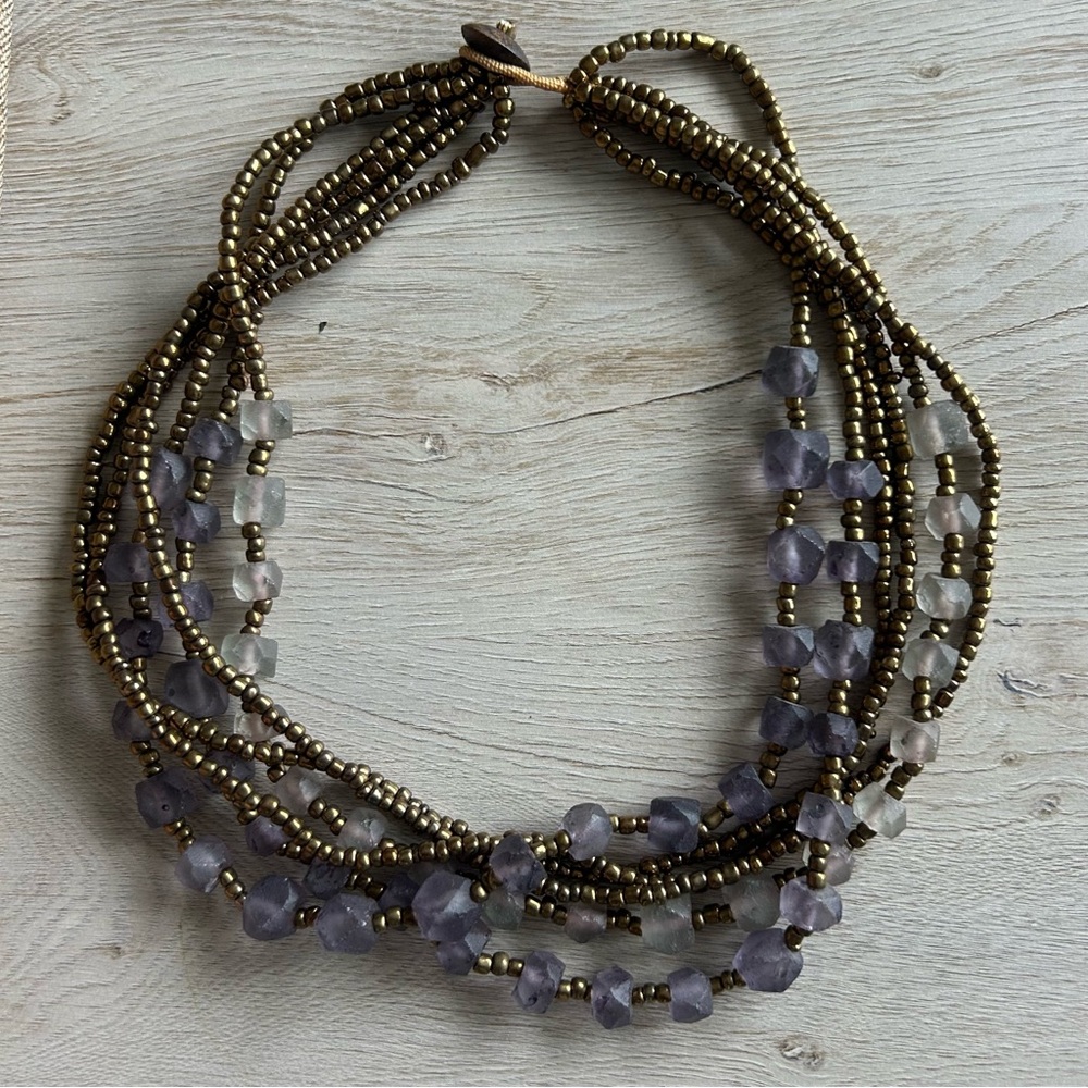 Boho Purple Stone Beaded Necklace Gold Multi Strand Statement Jewelry